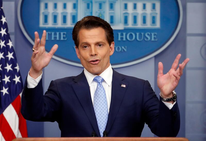 In this July 21, 2017 photo, White House communications director Anthony Scaramucci speaks to members of the media in the Brady Press Briefing room of the White House in Washington. Scaramucci is out as White House communications director after just 11 days on the job.  A person close to Scaramucci confirmed the staffing change just hours after President Donald Trumpâ€™s new chief of staff, John Kelly, was sworn into office.  (AP Photo/Pablo Martinez Monsivais)