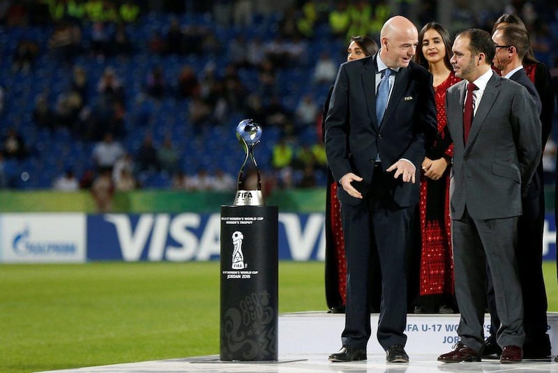 Jordan's Prince Ali bin Al Hussein, right, with Fifa president Gianni Infantino at the ceremony for the U17 Women's World Cup in Amman last week. Muhammad Hamed / Reuters / October 21, 2016