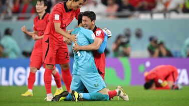 AL RAYYAN, QATAR - DECEMBER 02: Korea Republic players celebrate after the 2-1 win during the FIFA World Cup Qatar 2022 Group H match between Korea Republic and Portugal at Education City Stadium on December 02, 2022 in Al Rayyan, Qatar. (Photo by Stuart Franklin / Getty Images)