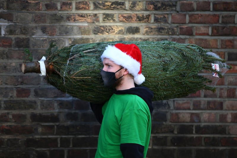 A freelance music producer delivers a Christmas tree to a flat in London, England. Green Elf Trees is employing musicians and entertainers left out of work by pandemic-related lockdowns. Getty Images