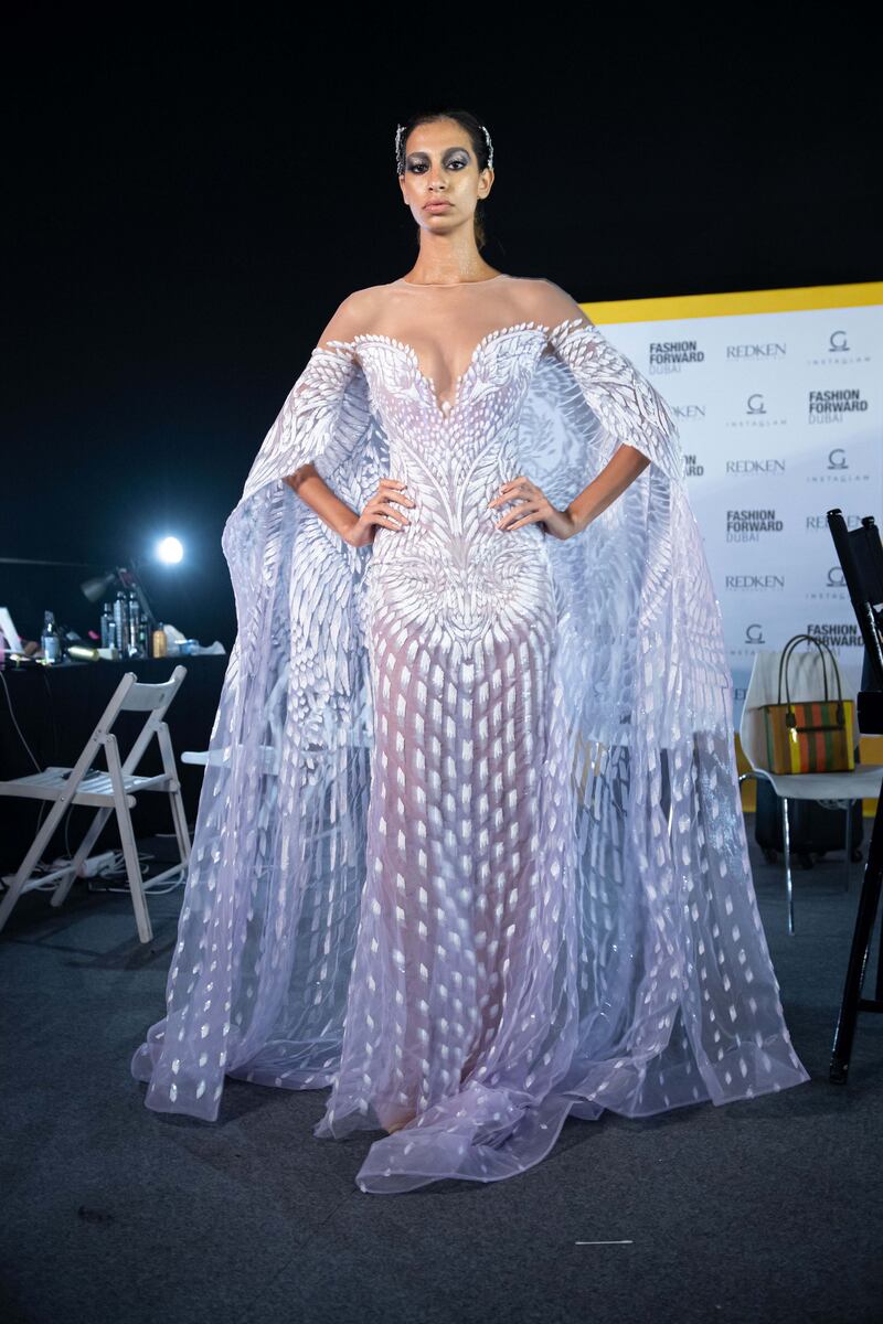 Habiba El-Kobrossy backstage at the Michael Cinco show in the Dubai Design District on October 31, 2019. Photo: Getty Images