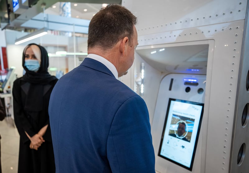 Abu Dhabi, United Arab Emirates, July 8, 2020.   
Fit to Fly, a new self-service check-in and health screening system. This will read a traveller's respiratory system, heart rate and temperature, which will then be analysed by the team. Once the passenger is given the all-clear, they can move ahead to check-in, otherwise they will be asked to go through a secondary assessment.
Victor Besa  / The National
Section:  NA 
Reporter: