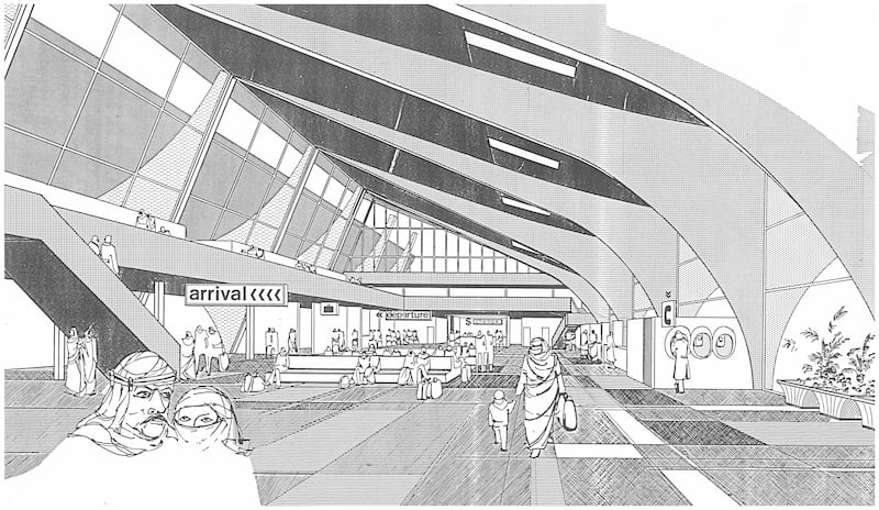 An illustration showing the inside of the Abu Dhabi Main Bus Terminal. It was designed by Bulgarian architects Kana and Stanka Dundakov. Photo: Archive of Stanka Lozanova-Dundakova and Kano Dundakov, accessed by Elena Balabanska