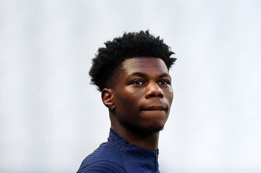 Fance's midfielder Aurelien Tchouameni looks on during a training session at the Stade de France stadium in Saint-Denis, north of Paris on June 12, 2022 on the eve of their UEFA Nations League football match against Croatia.  (Photo by FRANCK FIFE  /  AFP)