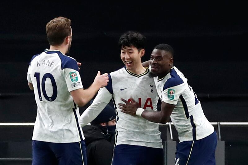 Soccer Football - Carabao Cup - Semi Final - Tottenham Hotspur v Brentford - Tottenham Hotspur Stadium, London, Britain - January 5, 2021 Tottenham Hotspur's Son Heung-min celebrates scoring their second goal with teammates REUTERS/Paul Childs EDITORIAL USE ONLY. No use with unauthorized audio, video, data, fixture lists, club/league logos or 'live' services. Online in-match use limited to 75 images, no video emulation. No use in betting, games or single club /league/player publications.  Please contact your account representative for further details.