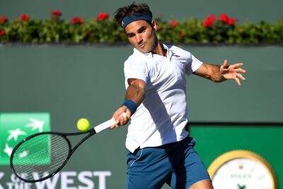 Mar 17, 2019; Indian Wells, CA, USA; Roger Federer (SUI) hits a shot during his final match against Dominic Thiem (not pictured) in the BNP Paribas Open at the Indian Wells Tennis Garden. Mandatory Credit: Jayne Kamin-Oncea-USA TODAY Sports