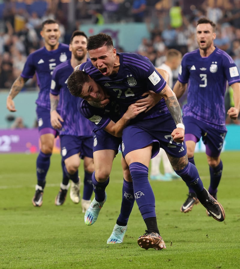 Argentina's Julian Alvarez celebrates scoring the second goal in the 2-0 Group C win against Poland at Stadium 974 on November 30, 2022. Reuters