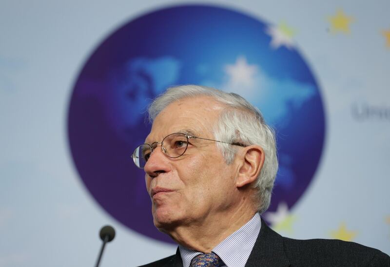 epa08057690 European High Representative of the Union for Foreign Affairs, Josep Borrell speaks at a joint press conference with NATO Secretary General Jens Stoltenberg (unseen), ahead of a meeting at the building of the European External Action Service (EEAS), in Brussels, Belgium, 09 December 2019.  EPA/STEPHANIE LECOCQ