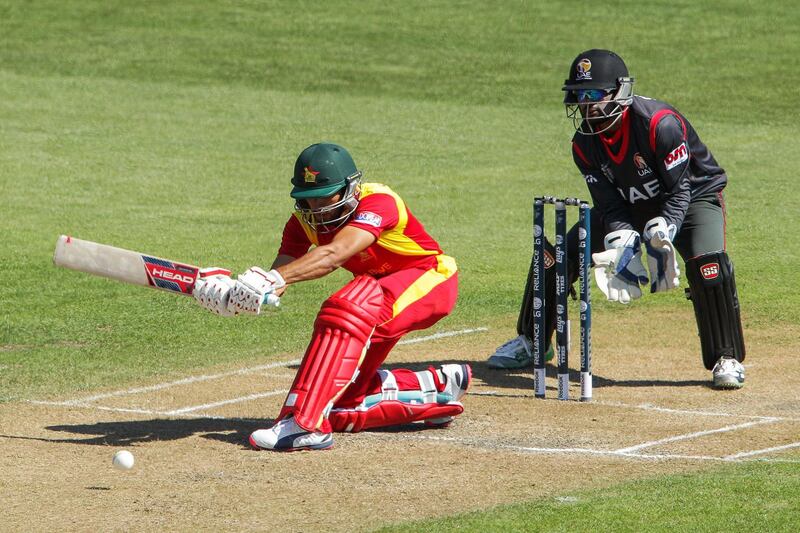 NELSON, NEW ZEALAND - FEBRUARY 19:  Sikandar Raza of Zimbabwe bats during the 2015 ICC Cricket World Cup match between Zimbabwe and the United Arab Emirates at Saxton Field on February 19, 2015 in Nelson, New Zealand.  (Photo by Hagen Hopkins/Getty Images)