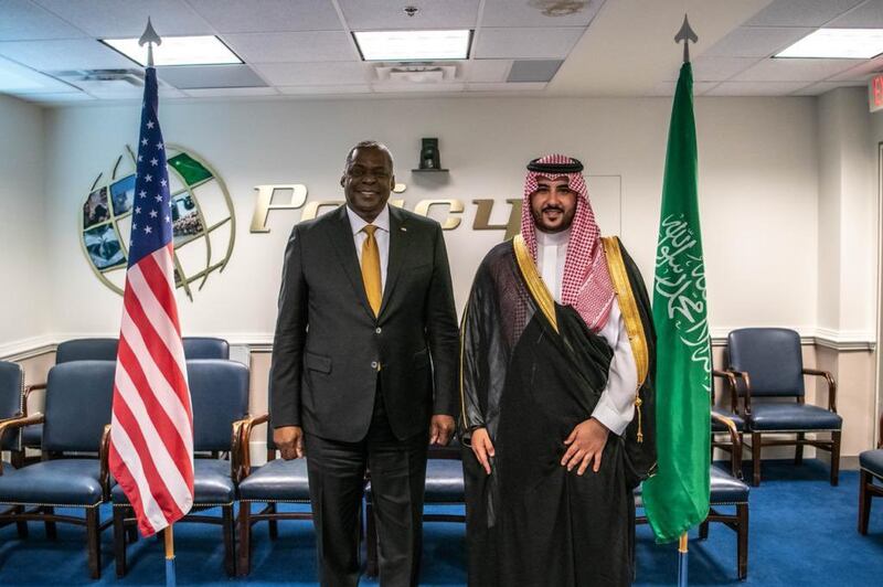 Prince Khalid bin Salman, Saudi Arabia's Vice Minister of Defence, meets US Secretary of Defence Lloyd Austin.