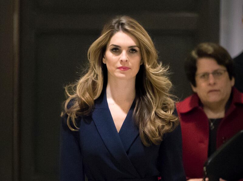In this Feb. 27 2018 photo, White House Communications Director Hope Hicks, one of President Trump's closest aides and advisers, arrives to meet behind closed doors with the House Intelligence Committee, at the Capitol in Washington. Hicks, one of President Donald Trump's most loyal aides, is resigning. In a statement, the president praises Hicks for her work over the last three years. He says he "will miss having her by my side."  The news comes a day after Hicks was interviewed for nine hours by the panel investigating Russia interference in the 2016 election and contact between Trump's campaign and Russia.  (AP Photo/J. Scott Applewhite)