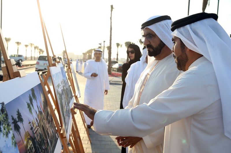 Sheikh Mohammed bin Rashid, Vice President and Ruler of Dubao, inspects the Dubai Parks and Resorts project on Saturday. Wam