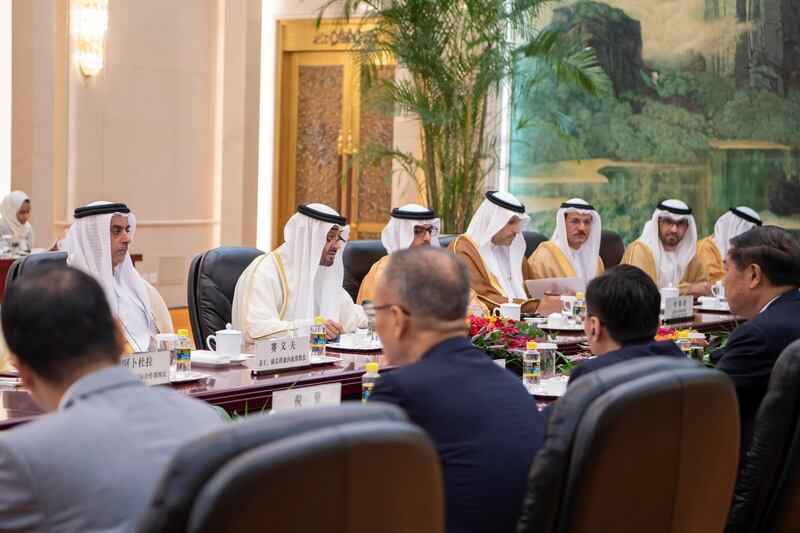 BEIJING, CHINA - July 22, 2019: HH Sheikh Mohamed bin Zayed Al Nahyan, Crown Prince of Abu Dhabi and Deputy Supreme Commander of the UAE Armed Forces (2nd L), meets with with HE Li Keqiang, Premier of the State Council of China (not shown), at the Great Hall of the People. Seen with HH Lt General Sheikh Saif bin Zayed Al Nahyan, UAE Deputy Prime Minister and Minister of Interior (L), HH Sheikh Hamed bin Zayed Al Nahyan, Chairman of the Crown Prince Court of Abu Dhabi and Abu Dhabi Executive Council Member (3rd L), HE Khaldoon Khalifa Al Mubarak, CEO and Managing Director Mubadala, Chairman of the Abu Dhabi Executive Affairs Authority and Abu Dhabi Executive Council Member (4th L), HE Sultan bin Saeed Al Mansouri, UAE Minister of Economy (5th L) and HE Dr Sultan Ahmed Al Jaber, UAE Minister of State, Chairman of Masdar and CEO of ADNOC Group (6th L).

( Saeed Al Neyadi / Ministry of Presidential Affairs )
---