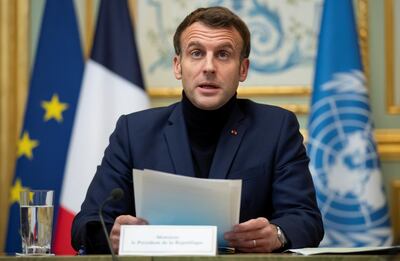 French President Emmanuel Macron speaks during a video conference with international partners to discuss humanitarian aid for financially-strapped Lebanon, at the Elysee Palace in Paris, France December 2, 2020. Ian Langsdon/Pool via REUTERS