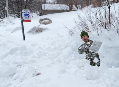 A soldier from the 4th Artillery Regiment based at CFB Gagetown clears snow at a residence in St. John's, Newfoundland, Monday, Jan. 20, 2020. The state of emergency ordered by the City of St. John's continues, leaving most businesses closed and vehicles off the roads in the aftermath of the major winter storm that hit the Newfoundland and Labrador capital. (Andrew Vaughan/The Canadian Press via AP)