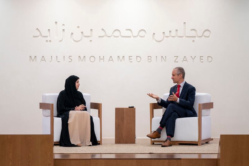 AlAnood Al Kaabi, project manager at the UAE's Education Affairs Office, and Michael Horn, adjunct lecturer at the Harvard Graduate School of Education, at the Majlis Mohamed bin Zayed in Abu Dhabi on Thursday. All photos: Presidential Court