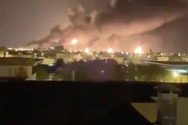 Smoke fills the sky at the Abqaiq oil processing facility. AP