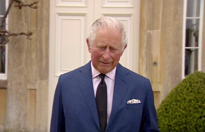 Britain's Prince Charles addresses the media, outside Highgrove House in Gloucestershire, England, following the death of his father, Prince Philip. AP Photo