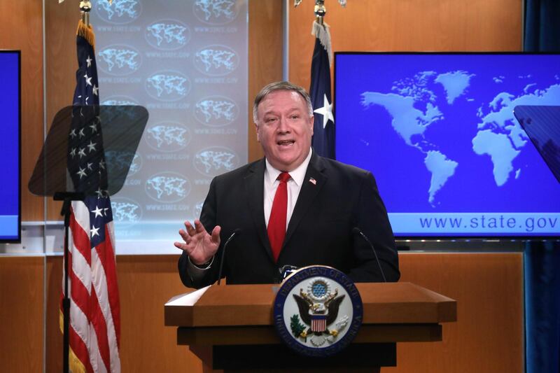 US Secretary of State Mike Pompeo addresses a news conference at the State Department in Washington,DC on April 7, 2020.  / AFP / POOL / LEAH MILLIS
