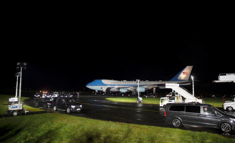 Air Force One taxis after landing at RAF Aldergrove in Antrim. Reuters