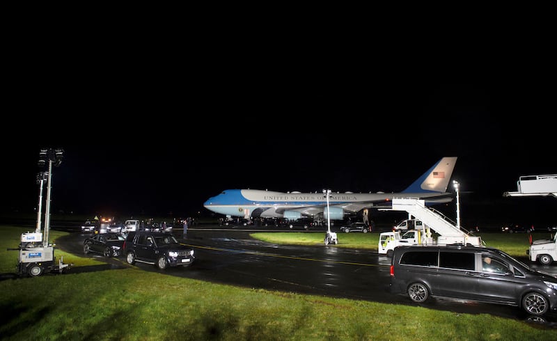 Air Force One taxis after landing at RAF Aldergrove in Antrim. Reuters