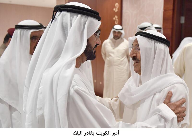 Sheikh Mohammed bin Rashid, Vice President and Ruler of Dubai, greets Sheikh Sabah Al Sabah, the Emir of Kuwait, on Wednesday. Wam