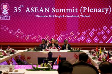 Thailand's Prime Minister Prayut Chan-o-cha delivers an opening speech at the 35th Association of Southeast Asian Nations (ASEAN) Summit. EPA