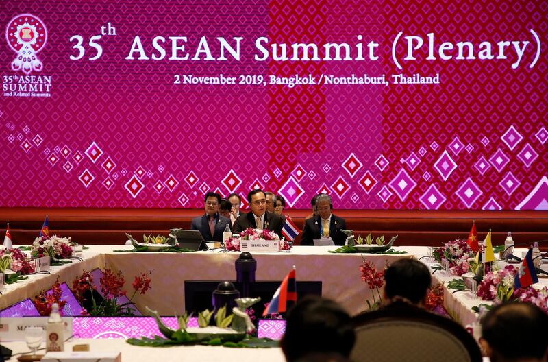 epa07966390 Thailand's Prime Minister Prayut Chan-o-cha (C) delivers an opening speech during the 35th Association of Southeast Asian Nations (ASEAN) Summit (Plenary) meeting at IMPACT Muang Thong Thani in Nonthaburi province, Thailand, 02 November 2019. Thailand is hosting the 35th ASEAN Summit, which will run from 02 to 04 November 2019.  EPA/PONGMANAT TASIRI