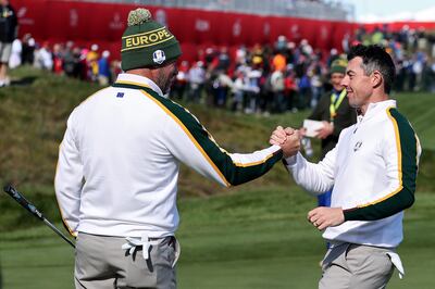 Lee Westwood, left, with European teammate Rory McIlroy at Whistling Straits. Getty
