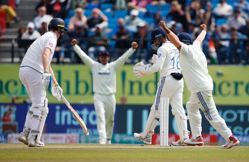 India celebrate after England opener Zak Crawley is bowled by Kuldeep Yadav for 79. Reuters