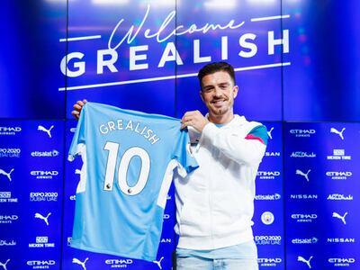 Jack Grealish of Manchester City is unveiled at the Etihad Stadium.
