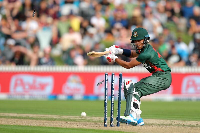 Bangladesh batsman Afif Hossain is bowled by Lockie Ferguson of New Zealand during the T20 match at Seddon Park on Sunday, March 28. Getty