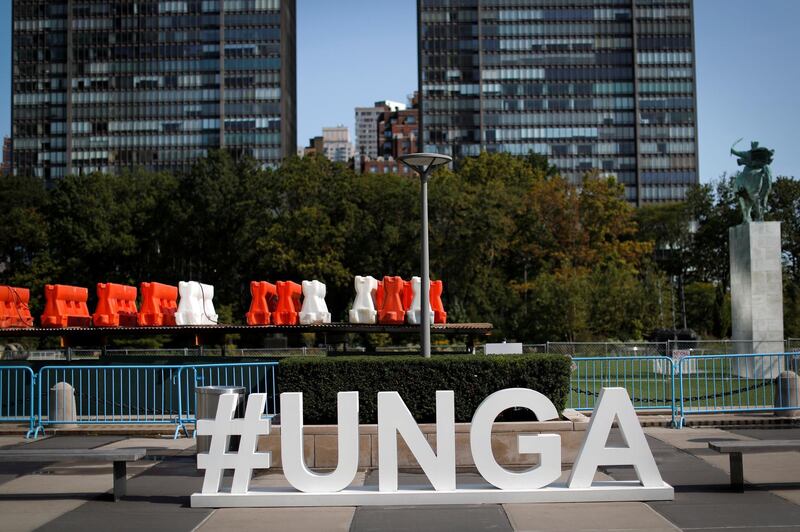 A sign sits in the empty North entrance plaza at United Nations headquarters during the 75th annual UN General Assembly high-level debate, which is being held mostly virtually. Reuters