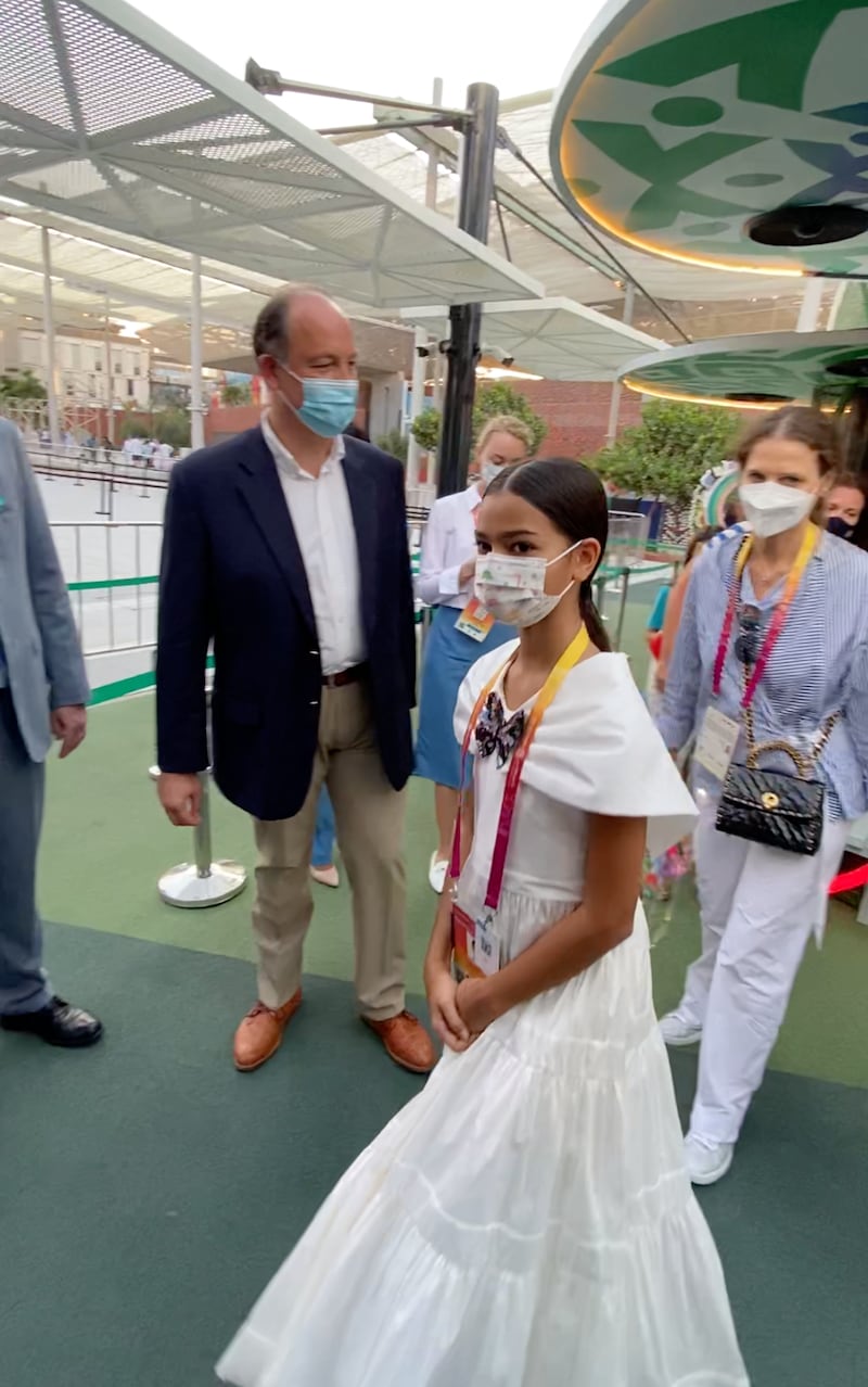 Mira Singh, the young star of the Expo 2020 Dubai opening ceremony, has returned to the world’s fair to visit the Belarus pavilion as a special guest. Photo: Suhail Akram / The National