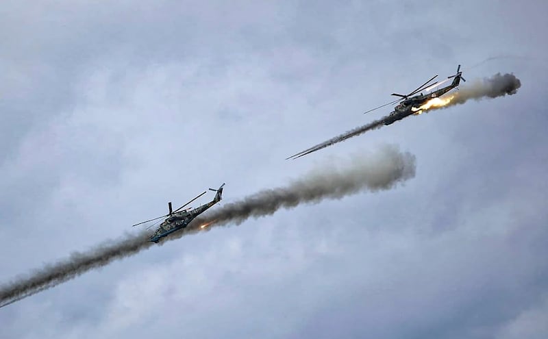 Russian and Belarusian helicopters taking part in a joint military exercise of the allied countries’ armed forces. EPA