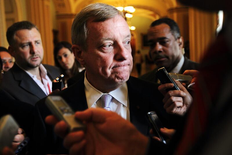 WASHINGTON - JULY 25: U.S. Senate Majority Whip Sen. Richard Durbin (D-IL) pauses as he answers questions from members of the media after a caucus with Senate Democrats July 25, 2011 on Capitol Hill in Washington, DC. Senate Democrats and Republicans were separately meeting to discuss Senate Majority Leader Harry Reid's (D-NV) budget and debt ceiling legislation that would include $2.7 trillion in deficit reduction over the next decade and a debt limit hike that would carry through the November 2012 elections.   Alex Wong/Getty Images/AFP== FOR NEWSPAPERS, INTERNET, TELCOS & TELEVISION USE ONLY ==

