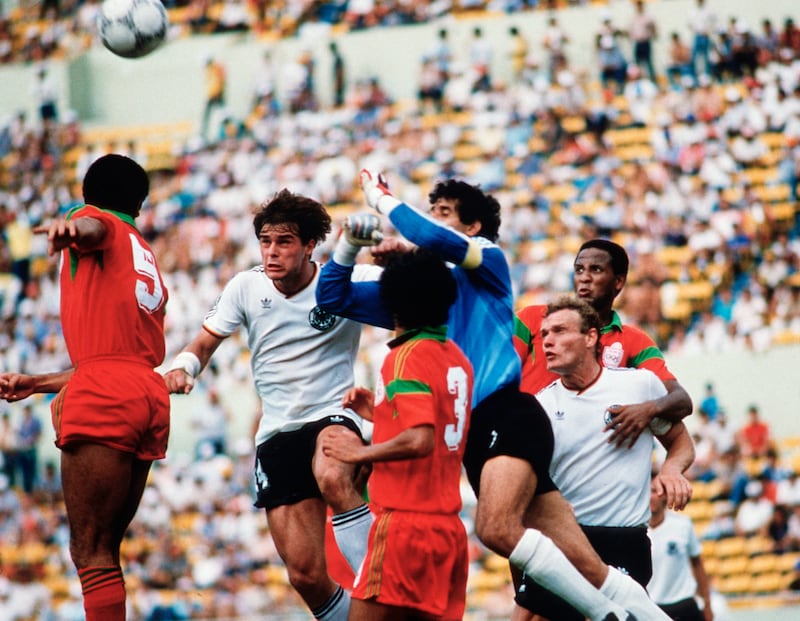Morocco and Germany players battle for the ball during the 1986 World Cup match in Monterrey, Mexico. Getty Images