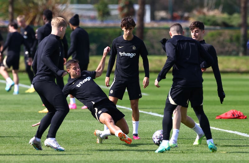 Chelsea's Cesar Azpilicueta during training with teammates ahead of the Champions League clash with Real Madrid. Reuters