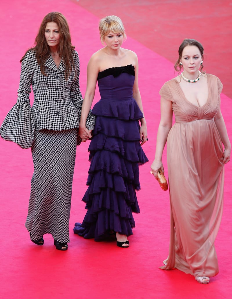 Michelle Williams in a purple tiered gown, alongside Catherine Keener and Samantha Morton at the 'Synecdoche, New York' premiere during the 61st International Cannes Film Festival on May 23, 2008. Getty Images