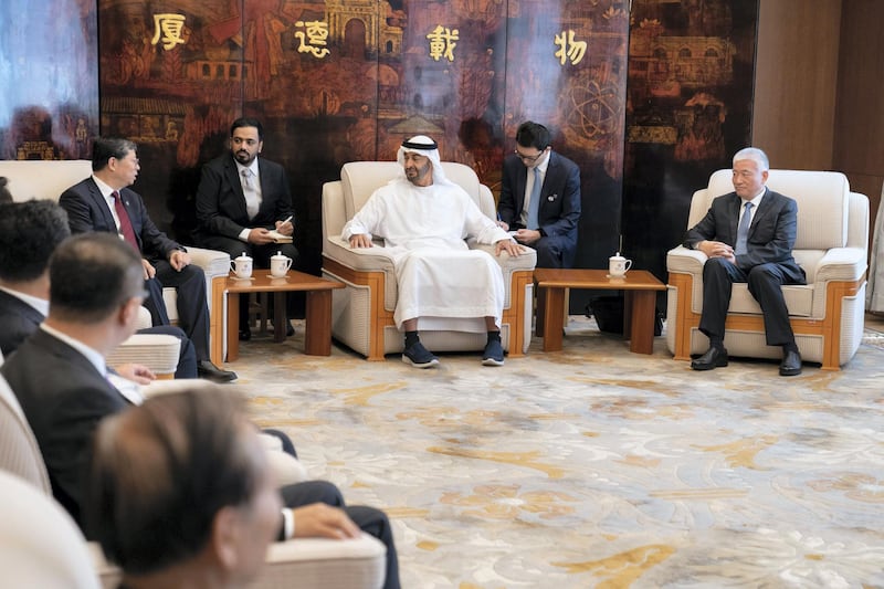 BEIJING, CHINA - July 23, 2019: HH Sheikh Mohamed bin Zayed Al Nahyan, Crown Prince of Abu Dhabi and Deputy Supreme Commander of the UAE Armed Forces (C), meets with Qiu Yong, President of Tsinghua University (L) and Yang Bin, Vice President of Tsinghua University (R), at Tsinghua University.

( Hamed Al Mansoori for the Ministry of Presidential Affairs )
---