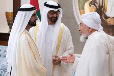 Shaykh Abdallah bin Bayyah pictured with Sheikh Mohammed bin Rashid and Sheikh Mohamed bin Zayed in 2018. Hamad Al Kaabi / Crown Prince Court - Abu Dhabi