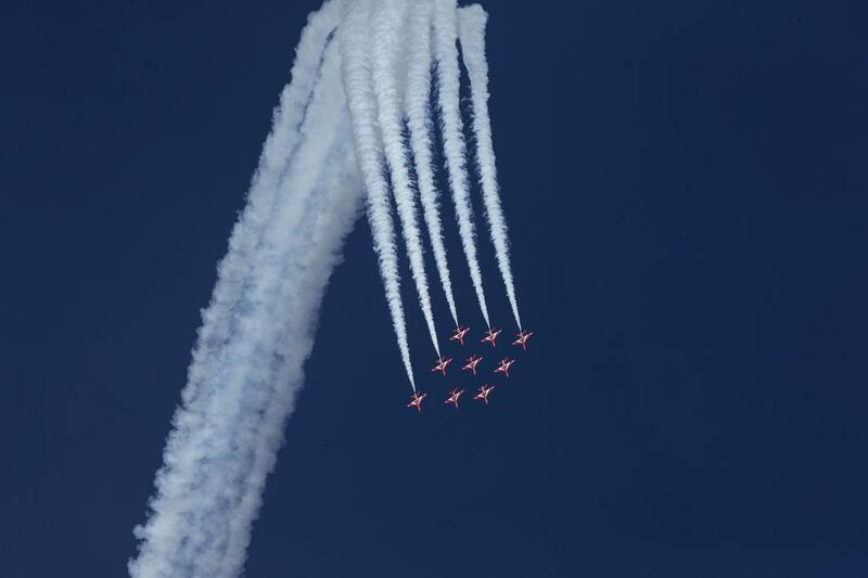 The famous Red Arrows from Great Britain entertain the crowd at the10th Annual Al Ain Aerobatics Show. Silvia Razgova / The National