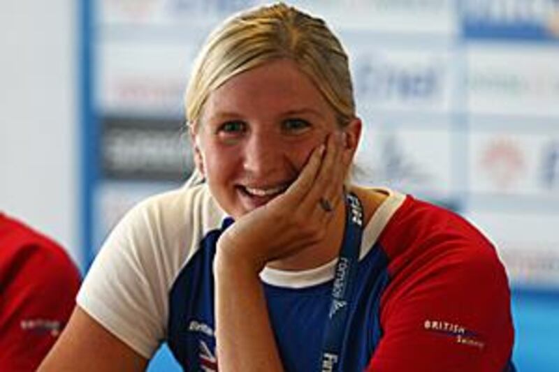 A relaxed Rebecca Adlington talks to reporters in Rome before the start of the world swimming championships.