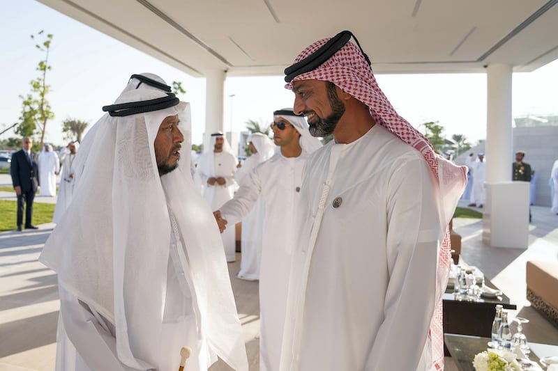 ABU DHABI, UNITED ARAB EMIRATES - November 30, 2017: HH Sheikh Sultan bin Zayed Al Nahyan, UAE President's Representative (L) and HH Sheikh Ammar bin Humaid Al Nuaimi, Crown Prince of Ajman (R), attend a Commemoration Day ceremony at Wahat Al Karama, a memorial dedicated to the memory of UAE’s National Heroes in honour of their sacrifice and in recognition of their heroism.
( Mohamed Al Hammadi / Crown Prince Court - Abu Dhabi )
---