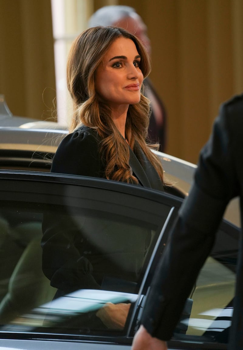 Queen Rania of Jordan arrives at Buckingham Palace with King Abdullah II (not shown). AP