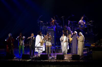 Three UAE singers, Hamdan Al Abri, Arqam Al Abri and Fafa, performed with Kamasi Washington and his band. Photo: Abu Dhabi Festival