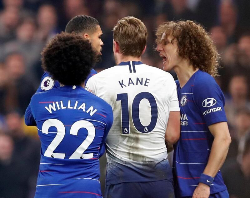 Tottenham's Harry Kane clashes with Chelsea's Ruben Loftus-Cheek as Chelsea's David Luiz and Willian look on. Reuters