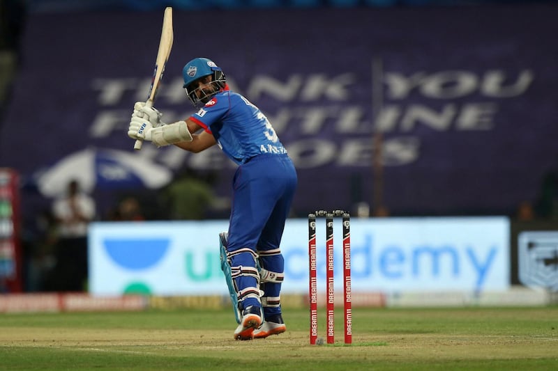 Ajinkya Rahane of Delhi Capitals plays a shot  during match 27 of season 13 of the Dream 11 Indian Premier League (IPL) between the Mumbai Indians and the Delhi Capitals at the Sheikh Zayed Stadium, Abu Dhabi  in the United Arab Emirates on the 11th October 2020.  Photo by: Pankaj Nangia  / Sportzpics for BCCI