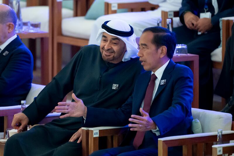 President Sheikh Mohamed speaks with Joko Widodo, President of Indonesia during the Zayed Sustainability Prize. 