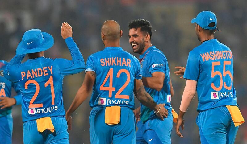Indian bowler Deepak Chahar (2R) celebrates with teammates after the wicket of Bangladesh bastman Soumya Sarkar during the third T20 International cricket match between Bangladesh and India at the Vidarbha Cricket Association Stadium in Nagpur on November 10, 2019. ----IMAGE RESTRICTED TO EDITORIAL USE - STRICTLY NO COMMERCIAL USE-----
 / AFP / PUNIT PARANJPE / ----IMAGE RESTRICTED TO EDITORIAL USE - STRICTLY NO COMMERCIAL USE-----
